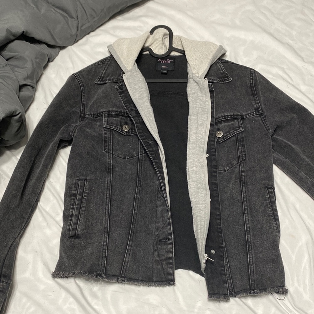 Mock layered denim hoodie - gray